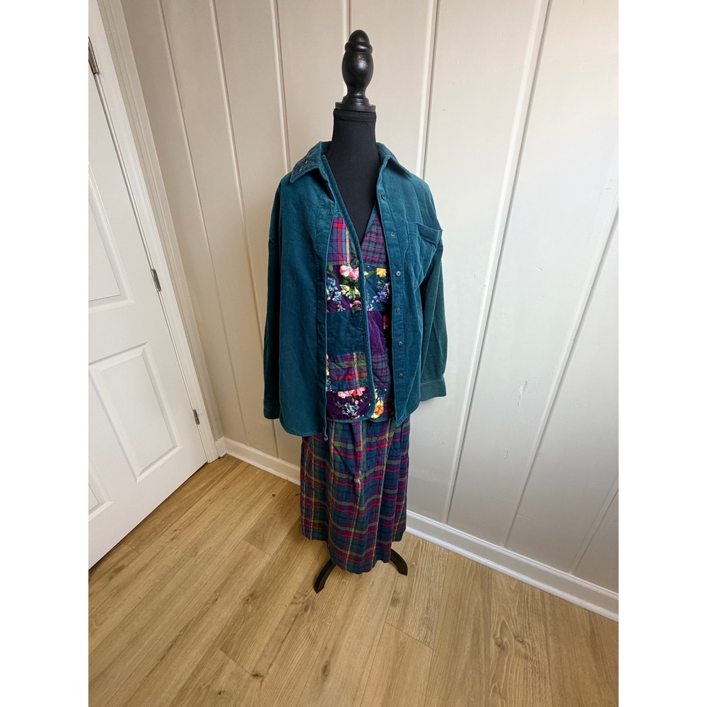 Susan Bristol Vintage 3 Piece Set Corduroy Shirt Patchwork Vest Plaid Maxi Skirt